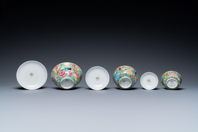 Three Chinese Canton famille rose bowls and covers for the Thai market, 19th C.