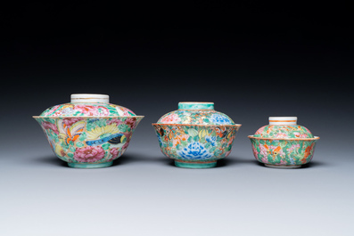 Three Chinese Canton famille rose bowls and covers for the Thai market, 19th C.