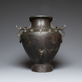 A rare and massive Chinese archaistic bronze 'lei' wine vessel with inscription, Song