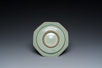 A octagonal Chinese Longquan celadon plate, probably Ming