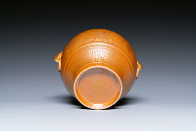 A Chinese brown-glazed 'hu' vase with gilt flower scrolls, Jiaqing mark and of the period