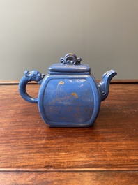 A Chinese gilt-decorated blue-enamelled Yixing stoneware teapot and cover, Qianlong mark, 20th C.