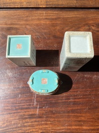 Two Chinese grisaille and qianjiang cai brush pots and a water pot, signature of Cheng Men 程門 and Qianlong marks, 20th C.