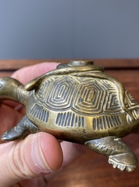 Een Chinese vergulde bronzen waterdruppelaar in de vorm van een schildpad met een slang, wellicht Qing