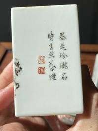 Two Chinese grisaille and qianjiang cai brush pots and a water pot, signature of Cheng Men 程門 and Qianlong marks, 20th C.