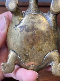 Een Chinese vergulde bronzen waterdruppelaar in de vorm van een schildpad met een slang, wellicht Qing