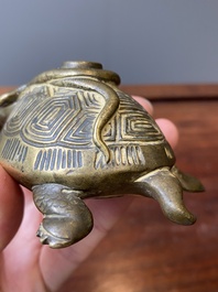 Een Chinese vergulde bronzen waterdruppelaar in de vorm van een schildpad met een slang, wellicht Qing