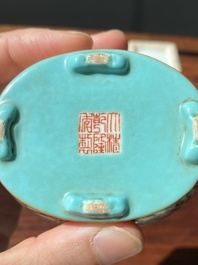Two Chinese grisaille and qianjiang cai brush pots and a water pot, signature of Cheng Men 程門 and Qianlong marks, 20th C.