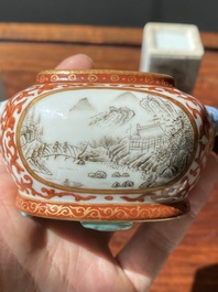 Two Chinese grisaille and qianjiang cai brush pots and a water pot, signature of Cheng Men 程門 and Qianlong marks, 20th C.