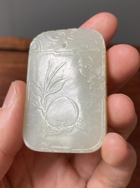 Een Chinese witte en roestkleurige jade hanger en een celadon jade 'vlinder' plaquette, Qing/Republiek