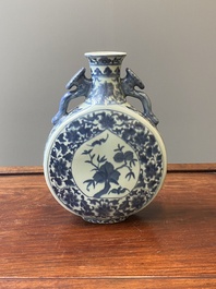 A Chinese blue and white 'bats and peaches' moonflask vase, 'bianhu', Daoguang mark, 19th C.