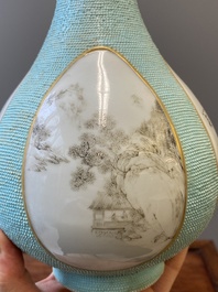 A Chinese turquoise-ground grisaille vase, Wan Yu 玩玉 seal mark, Qianlong mark and probably of the period