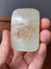 Een Chinese witte en roestkleurige jade hanger en een celadon jade 'vlinder' plaquette, Qing/Republiek