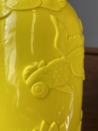 A pair of Chinese yellow Beijing glass vases with carps and goldfish, Republic
