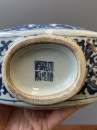 A Chinese blue and white 'bats and peaches' moonflask vase, 'bianhu', Daoguang mark, 19th C.