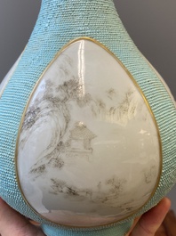A Chinese turquoise-ground grisaille vase, Wan Yu 玩玉 seal mark, Qianlong mark and probably of the period