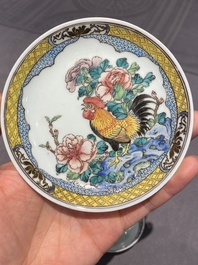 A pair of Chinese famille rose 'rooster' cups and saucers, Yongzheng