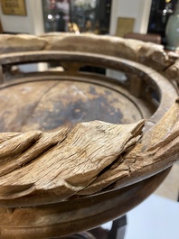 A Chinese wood circular incense stand with mythic animals, 'xiangji', Ming