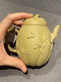 A Chinese Yixing stoneware teapot and cover with squirrels and butterflies, Chen Janyin 陳建寅 seal mark, Kangxi