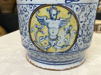 A rare pair of large Italian maiolica albarelli with 'Golden Horn' decoration, probably Venice, middle of the 16th C.