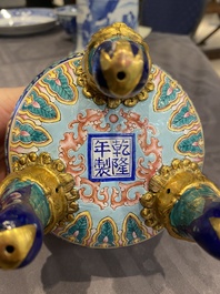 A Chinese 'imperial tribute' blue-ground Canton enamel incense burner and cover, Qianlong mark and of the period