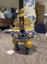 A Chinese 'imperial tribute' blue-ground Canton enamel incense burner and cover, Qianlong mark and of the period