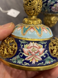 A Chinese 'imperial tribute' blue-ground Canton enamel incense burner and cover, Qianlong mark and of the period