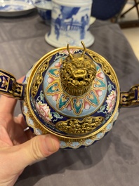 A Chinese 'imperial tribute' blue-ground Canton enamel incense burner and cover, Qianlong mark and of the period