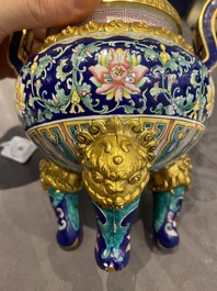 A Chinese 'imperial tribute' blue-ground Canton enamel incense burner and cover, Qianlong mark and of the period