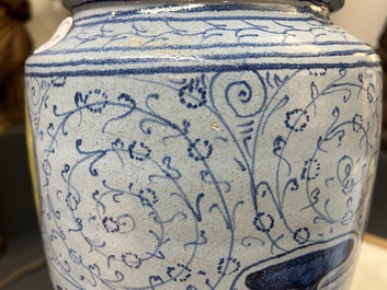 A rare pair of large Italian maiolica albarelli with 'Golden Horn' decoration, probably Venice, middle of the 16th C.