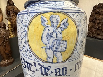A rare pair of large Italian maiolica albarelli with 'Golden Horn' decoration, probably Venice, middle of the 16th C.