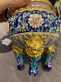 A Chinese 'imperial tribute' blue-ground Canton enamel incense burner and cover, Qianlong mark and of the period