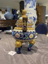 A Chinese 'imperial tribute' blue-ground Canton enamel incense burner and cover, Qianlong mark and of the period