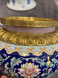 A Chinese 'imperial tribute' blue-ground Canton enamel incense burner and cover, Qianlong mark and of the period