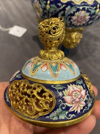 A Chinese 'imperial tribute' blue-ground Canton enamel incense burner and cover, Qianlong mark and of the period