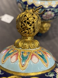 A Chinese 'imperial tribute' blue-ground Canton enamel incense burner and cover, Qianlong mark and of the period