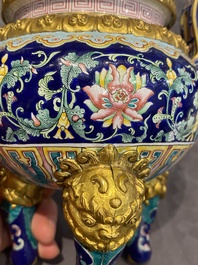 A Chinese 'imperial tribute' blue-ground Canton enamel incense burner and cover, Qianlong mark and of the period