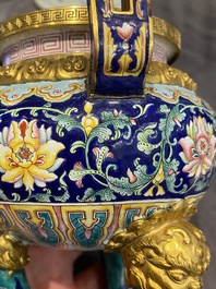 A Chinese 'imperial tribute' blue-ground Canton enamel incense burner and cover, Qianlong mark and of the period