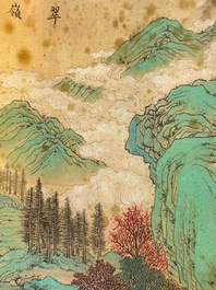 Xu Yang 徐揚 (1712-1777) en Wu Hufan 吳湖帆 (1894-1968): : 'Berglandschap, gedateerd 1755, met latere kalligrafie, inkt en kleur op zijde