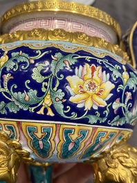 A Chinese 'imperial tribute' blue-ground Canton enamel incense burner and cover, Qianlong mark and of the period