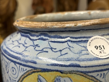 A rare pair of large Italian maiolica albarelli with 'Golden Horn' decoration, probably Venice, middle of the 16th C.