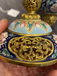 A Chinese 'imperial tribute' blue-ground Canton enamel incense burner and cover, Qianlong mark and of the period