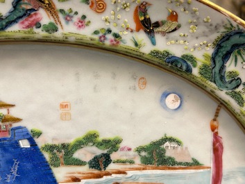 An inscribed oval Chinese Canton famille rose dish, Jiaqing/Daoguang