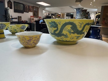 A varied collection of Chinese yellow-ground porcelain, 19/20th C.