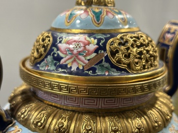 A Chinese 'imperial tribute' blue-ground Canton enamel incense burner and cover, Qianlong mark and of the period