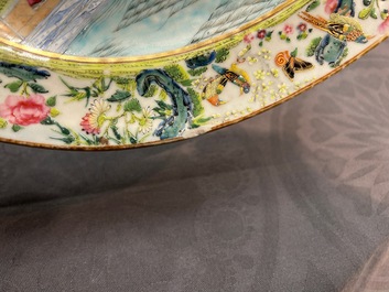 An inscribed oval Chinese Canton famille rose dish, Jiaqing/Daoguang