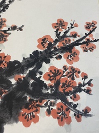 Guan Shanyue 關山月 (1912-2000): 'Pruimenbloesems', inkt en kleur op papier, gedateerd 1992