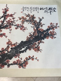 Guan Shanyue 關山月 (1912-2000): 'Pruimenbloesems', inkt en kleur op papier, gedateerd 1992