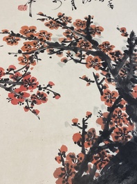 Guan Shanyue 關山月 (1912-2000): 'Pruimenbloesems', inkt en kleur op papier, gedateerd 1992