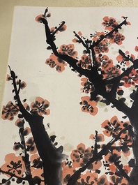 Guan Shanyue 關山月 (1912-2000): 'Pruimenbloesems', inkt en kleur op papier, gedateerd 1992